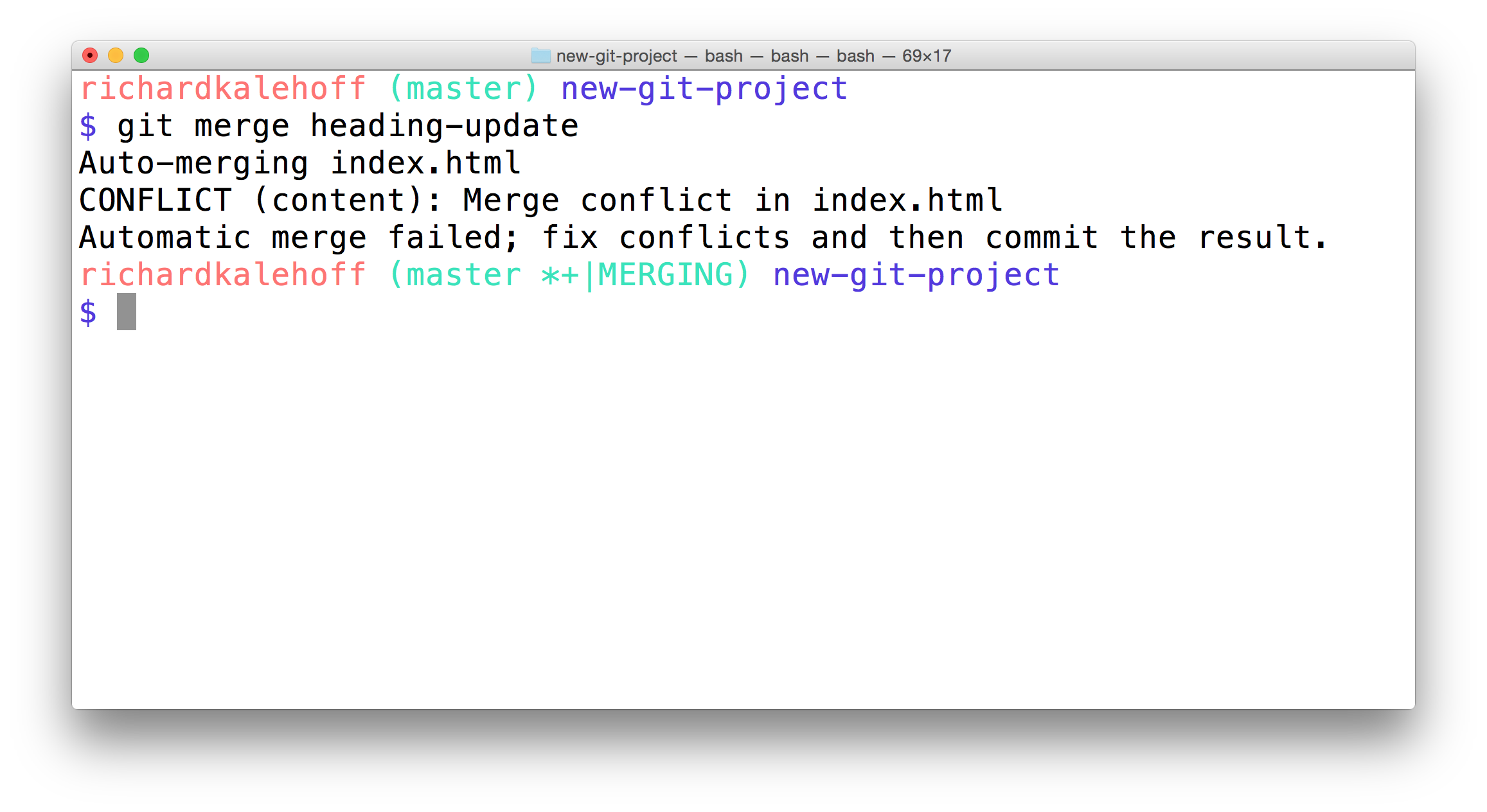 _The Terminal application showing the output of a merge that resulted in a merge conflict. The word "CONFLICT" appears and says that the conflict occurred in the index.html file._